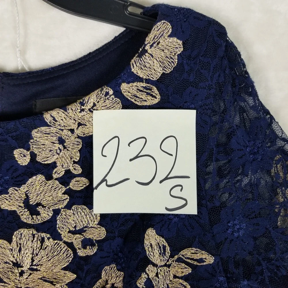 XSCAPE Sheath Dress Women 8P Navy Gold Floral Lace Embroidered Long Sleeve 163XP